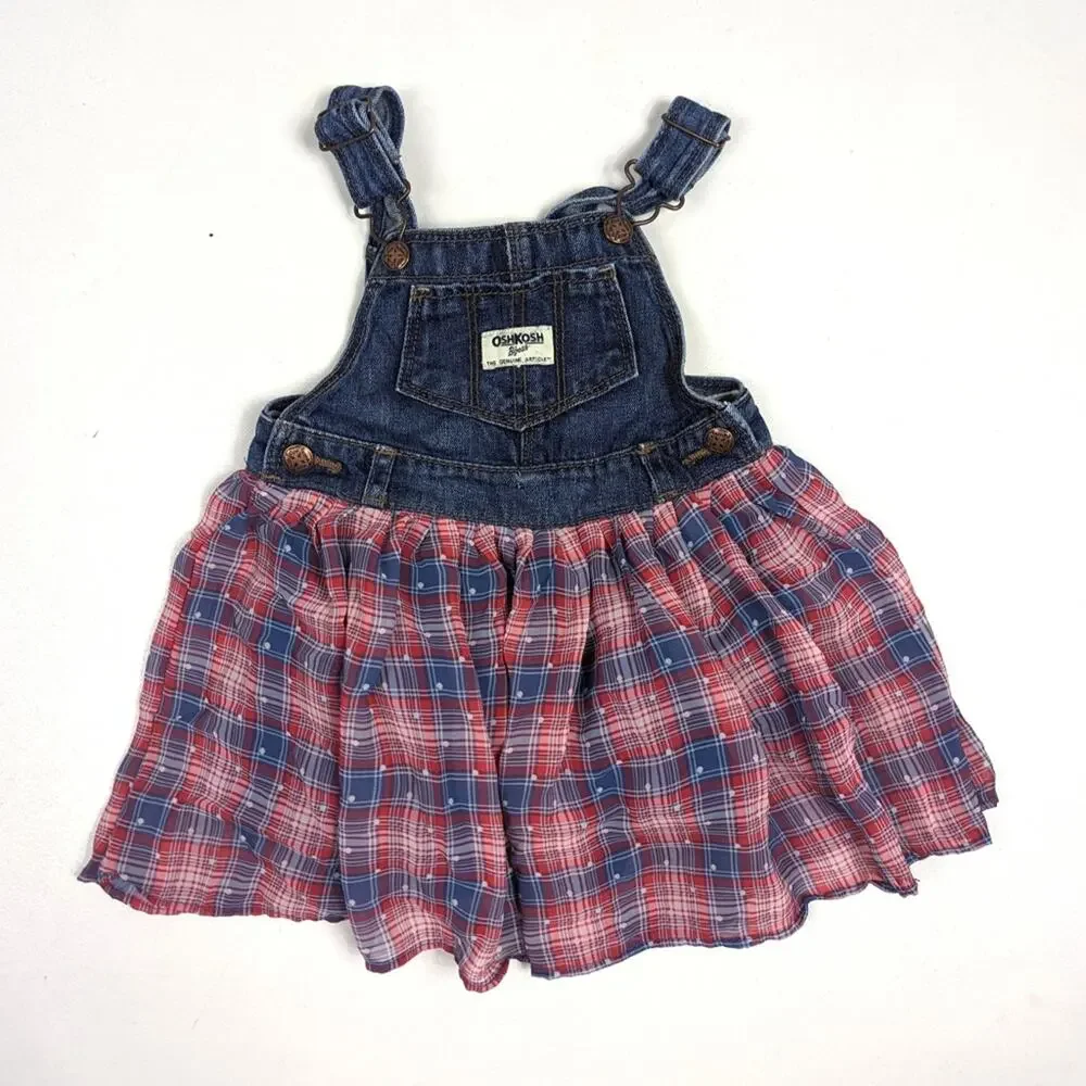 Oshkosh Bgosh Skirtall Girls Sz 18m Denim Tulle Plaid USA RWB